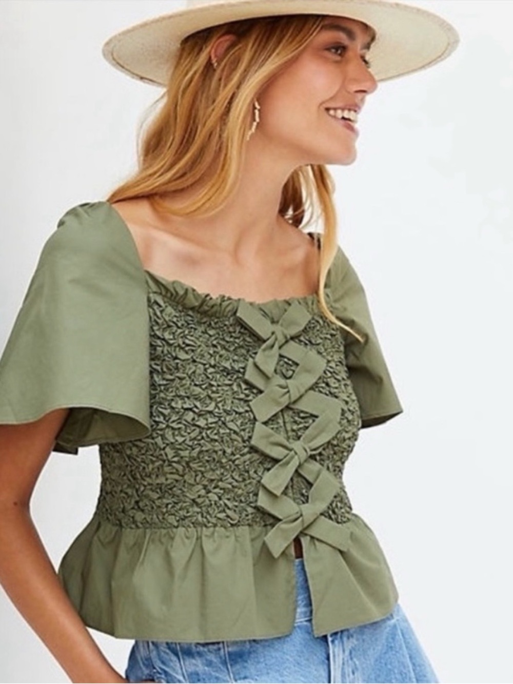 Mare Mare X Anthropologie Olive Green Smocked Peplum Top 100% Cotton Size M